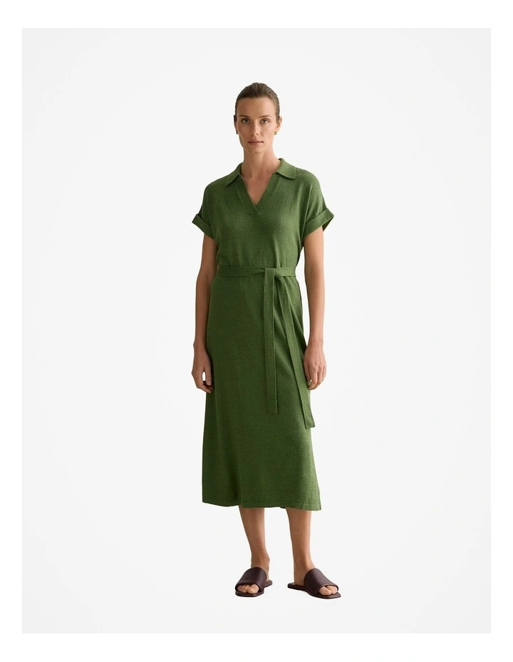 Linen Cotton Collared Knit Dress in Ivy