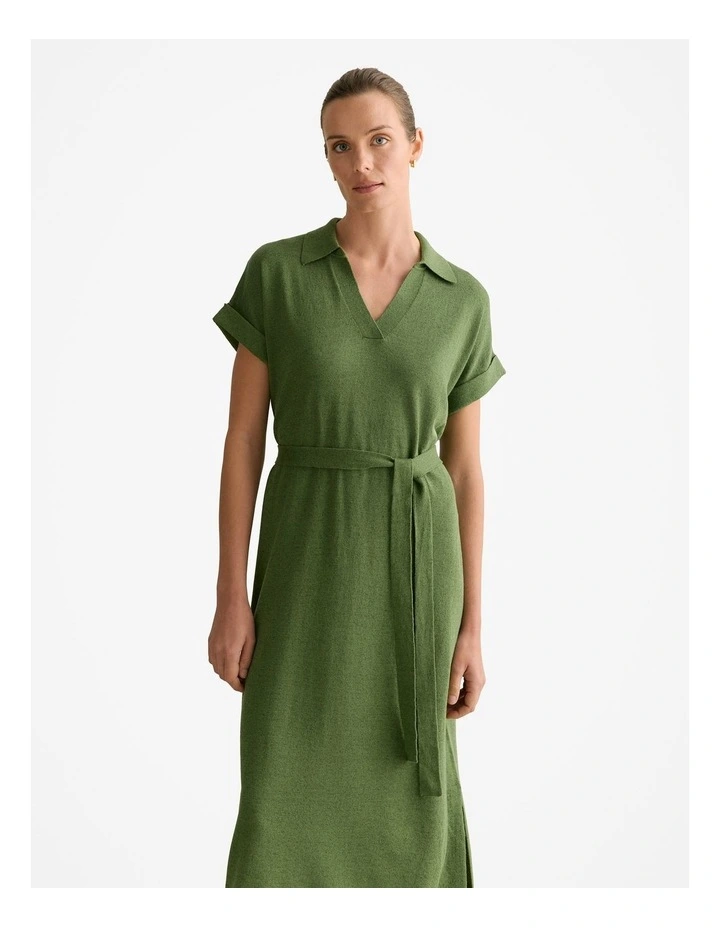 Linen Cotton Collared Knit Dress in Ivy image 2