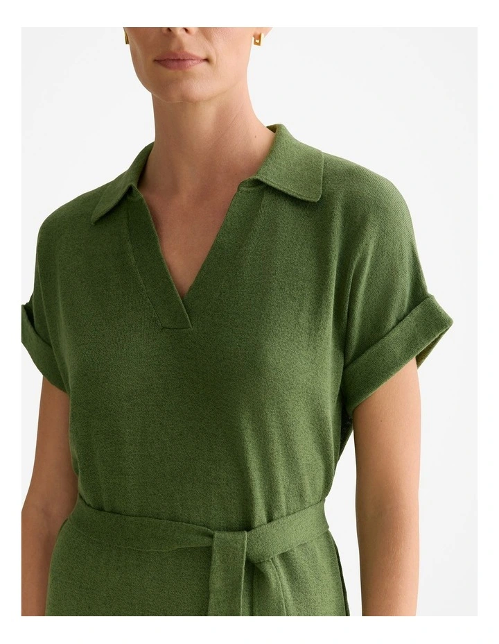 Linen Cotton Collared Knit Dress in Ivy image 3