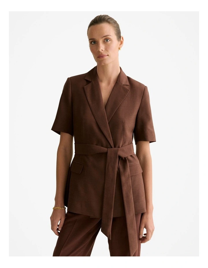Short Sleeve Tie Waist Blazer in Chocolate image 1
