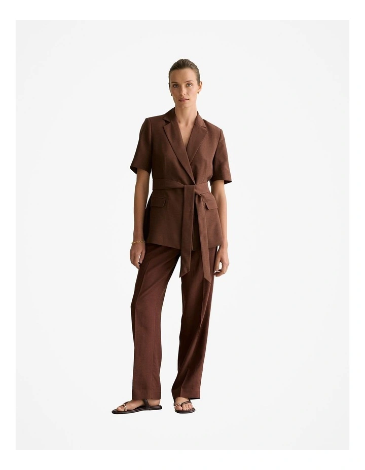Short Sleeve Tie Waist Blazer in Chocolate image 3