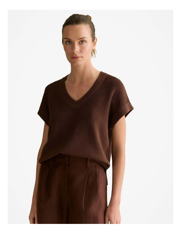 Mercerised V Neck Relaxed Knit in Chocolate image 1