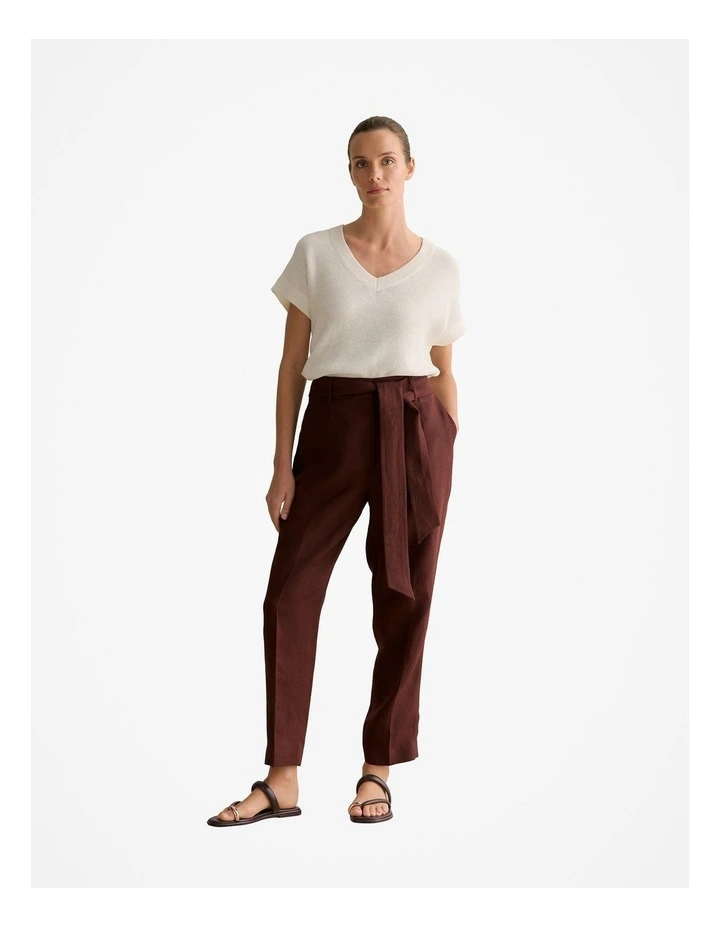 Linen Twill Belted Straight Leg Pant in Chocolate image 2