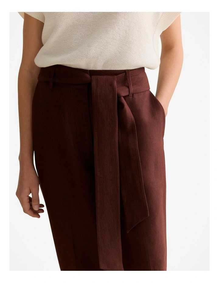 Linen Twill Belted Straight Leg Pant in Chocolate image 3