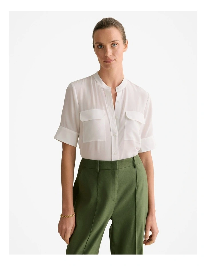 Silk Collarless Pocket Detail Shirt in White image 1