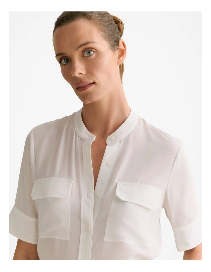 Silk Collarless Pocket Detail Shirt in White image 3