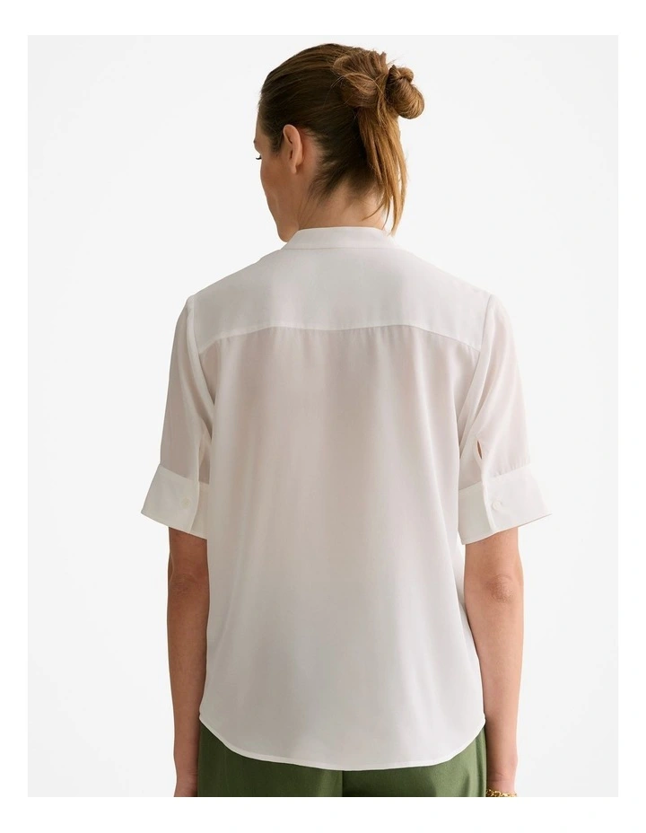 Silk Collarless Pocket Detail Shirt in White image 4