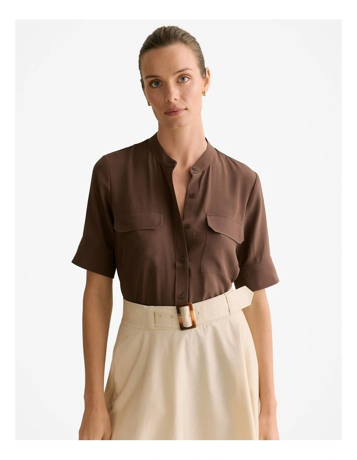 Silk Collarless Pocket Detail Shirt in Chocolate image 1