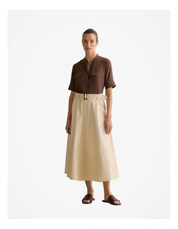 Silk Collarless Pocket Detail Shirt in Chocolate image 2