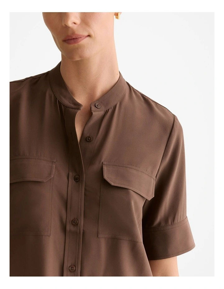 Silk Collarless Pocket Detail Shirt in Chocolate image 3