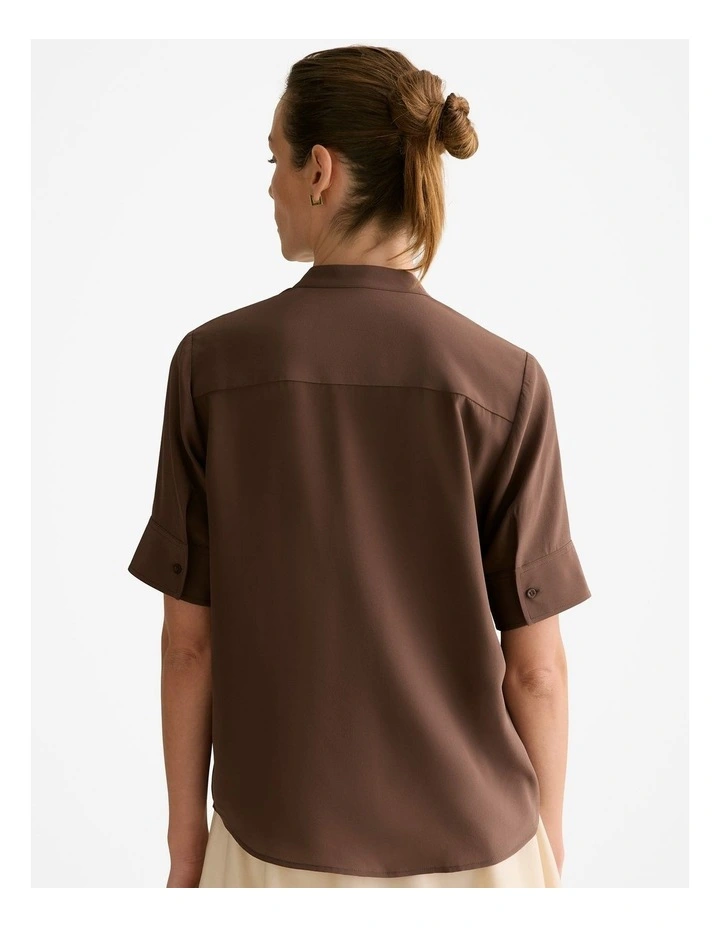 Silk Collarless Pocket Detail Shirt in Chocolate image 4