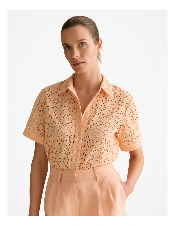 Broderie Anglaise Short Sleeve Shirt in Pale Apricot image 1