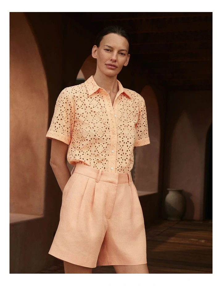 Broderie Anglaise Short Sleeve Shirt in Pale Apricot image 2