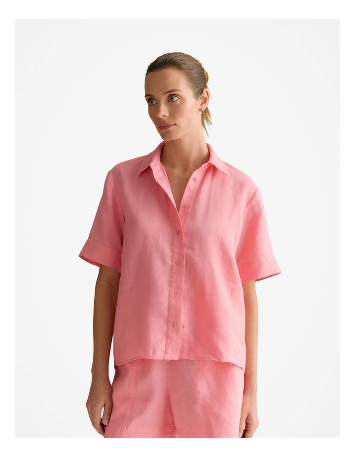 Linen Relaxed Short Sleeve Shirt in Pink Grenadine image 1