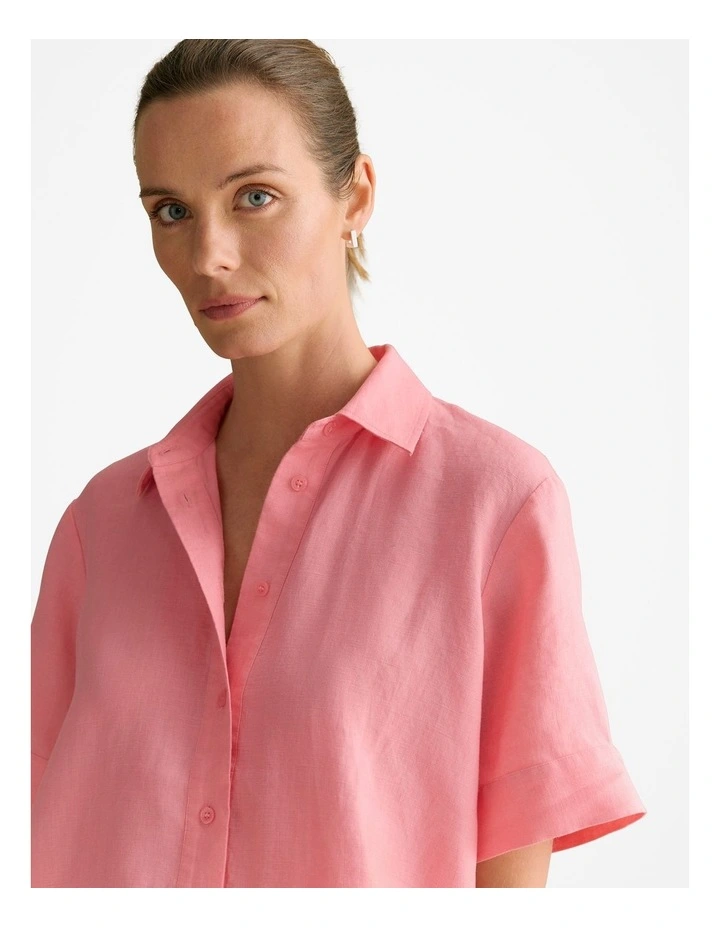 Trenery Linen Relaxed Short Sleeve Shirt in Pink Grenadine MYER