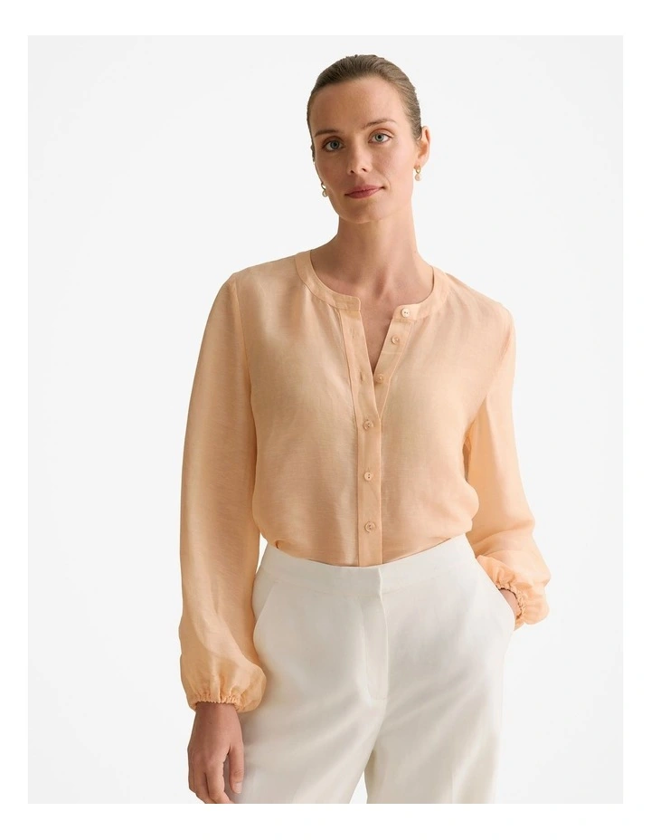 Linen Silk Collarless Long Sleeve Blouse in Pale Apricot image 1