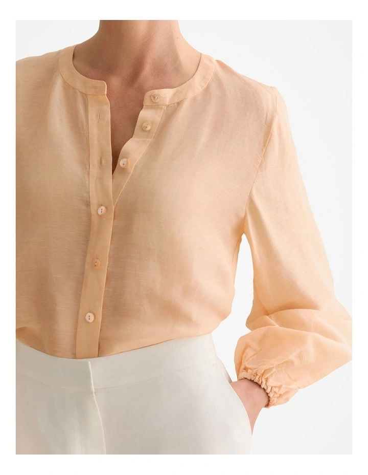 Linen Silk Collarless Long Sleeve Blouse in Pale Apricot image 3