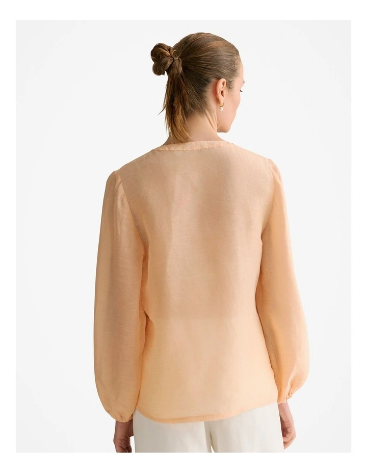 Linen Silk Collarless Long Sleeve Blouse in Pale Apricot image 4