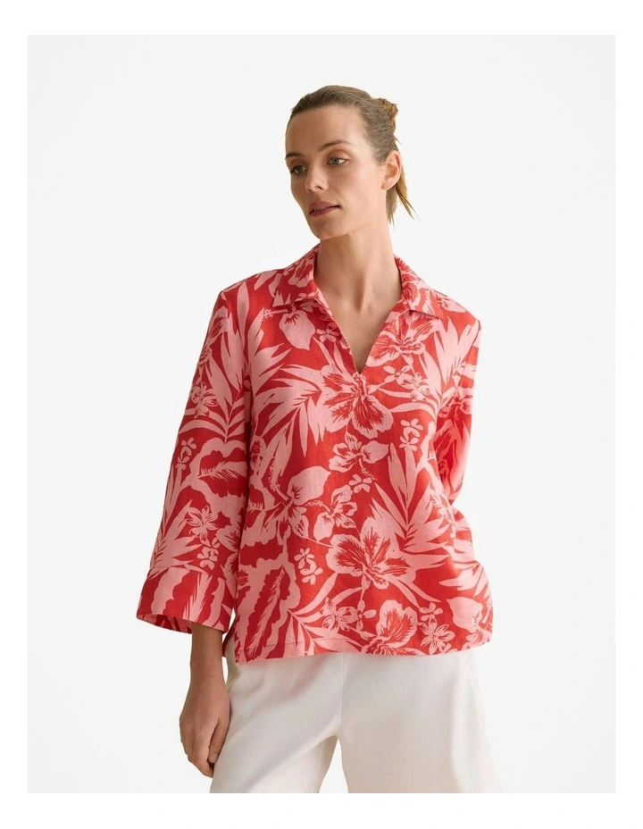 Linen Hibiscus Relaxed Popover Shirt in True Red image 1