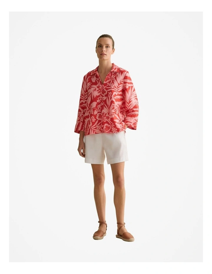 Linen Hibiscus Relaxed Popover Shirt in True Red image 2