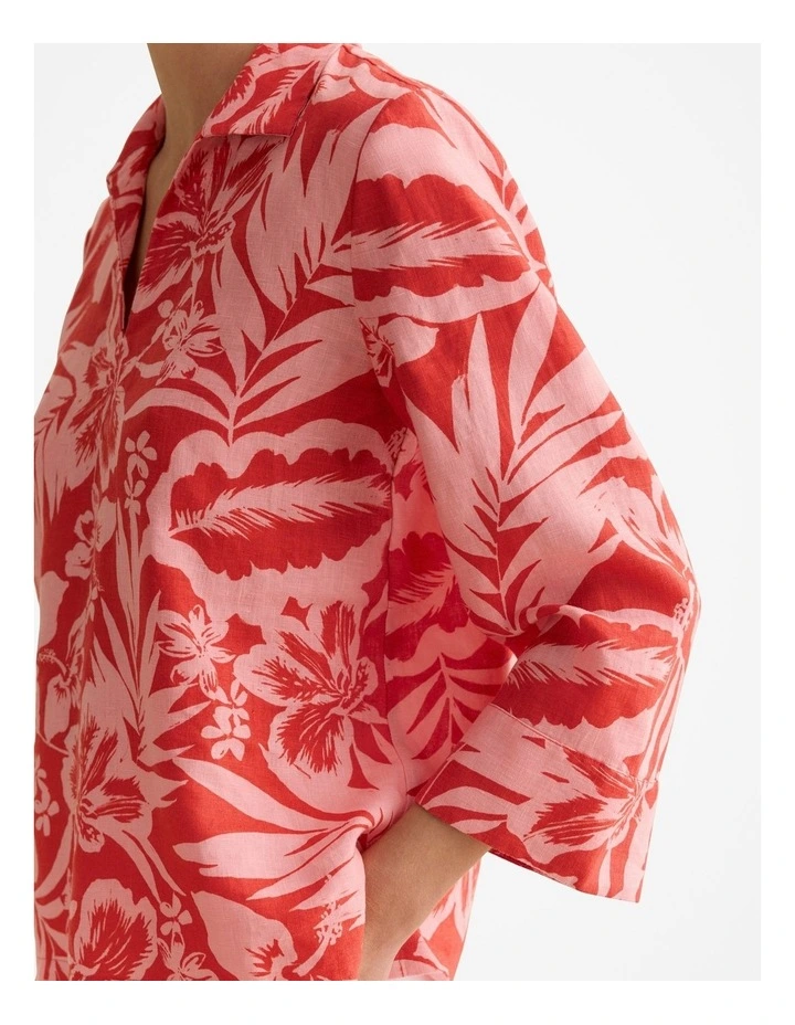 Linen Hibiscus Relaxed Popover Shirt in True Red image 3