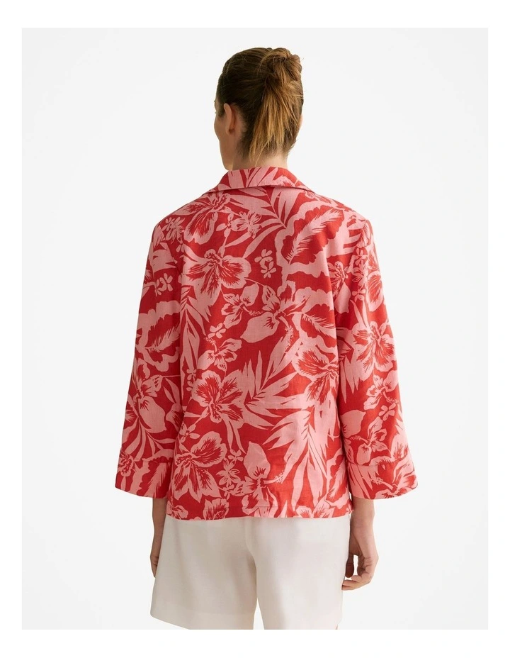 Linen Hibiscus Relaxed Popover Shirt in True Red image 4