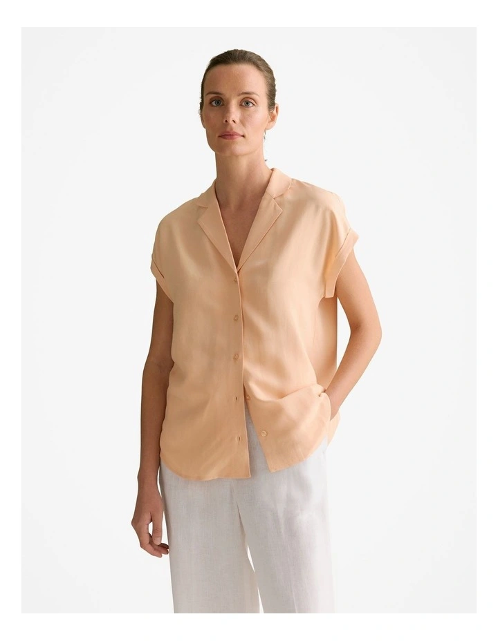 Draped Short Sleeve Camp Shirt in Pale Apricot image 1