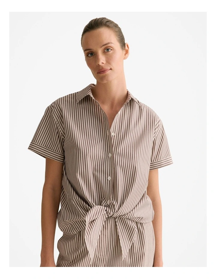 Cotton Poplin Stripe Tie Front Shirt in Chocolate image 1
