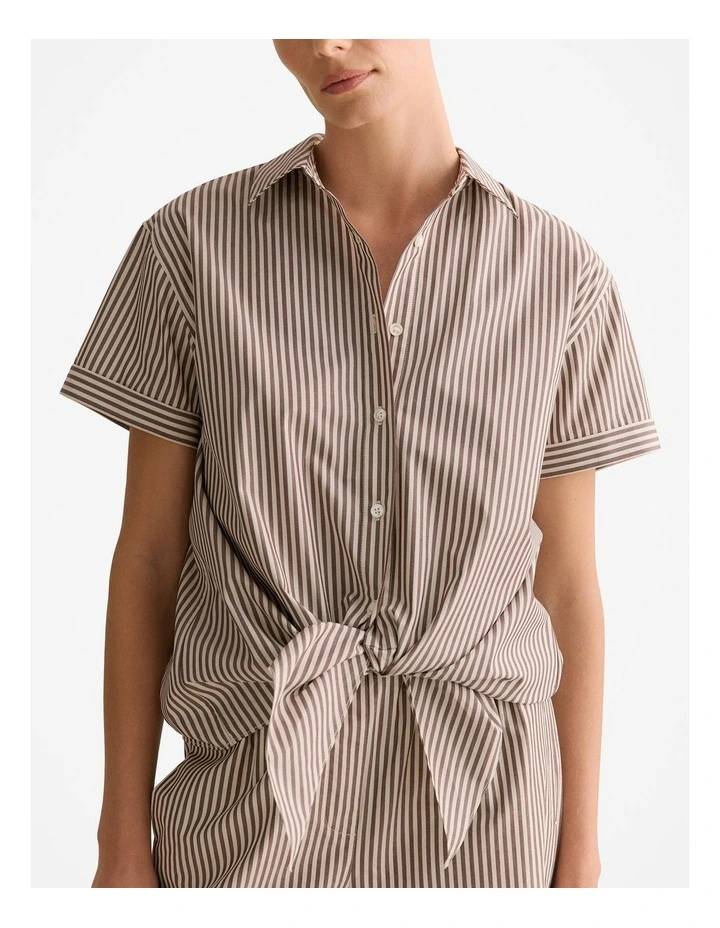 Cotton Poplin Stripe Tie Front Shirt in Chocolate image 6