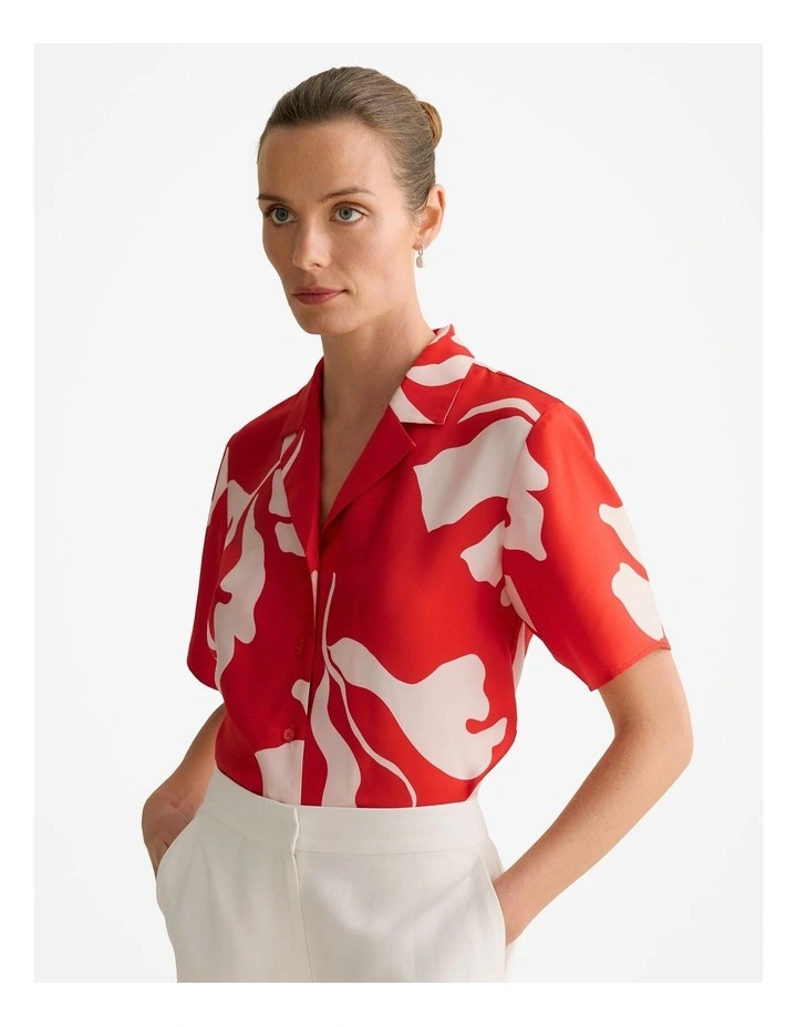 Stencil Palm Silk Twill Short Sleeve Shirt in Multi Deep Red image 1