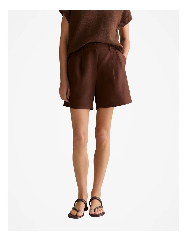 Linen Twill Pleat Detail Short in Chocolate image 1