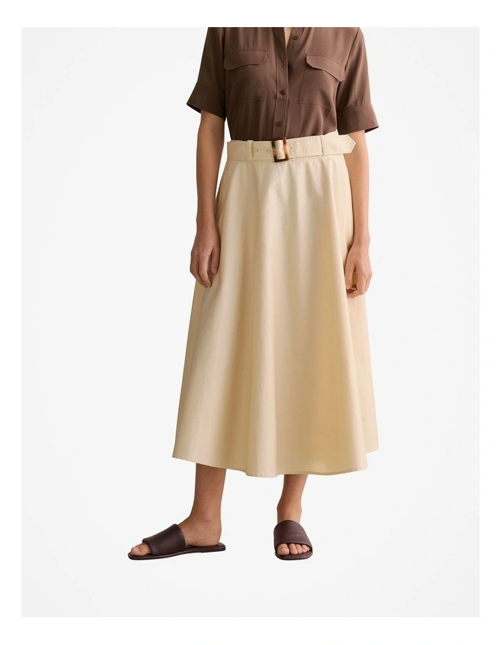 Cotton Sateen Belted Midi Skirt in Ivory image 1
