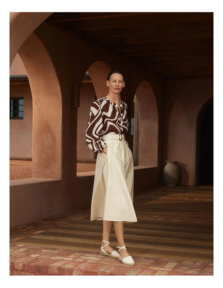 Cotton Sateen Belted Midi Skirt in Ivory image 2