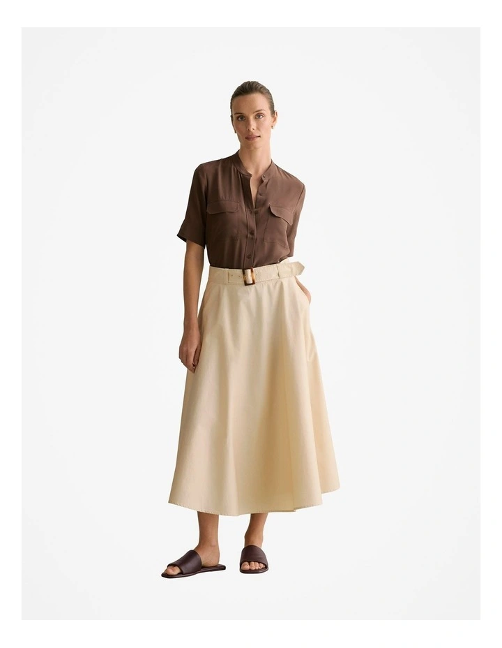 Cotton Sateen Belted Midi Skirt in Ivory image 3