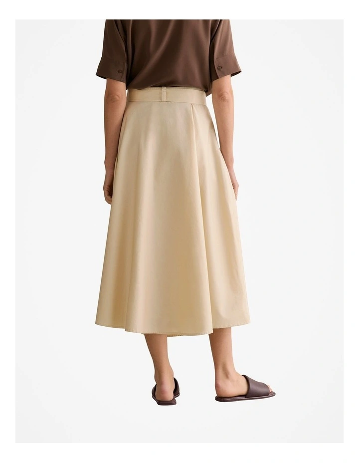 Cotton Sateen Belted Midi Skirt in Ivory image 4