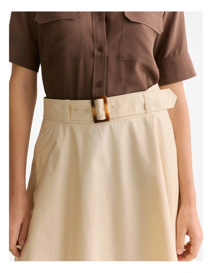Cotton Sateen Belted Midi Skirt in Ivory image 5