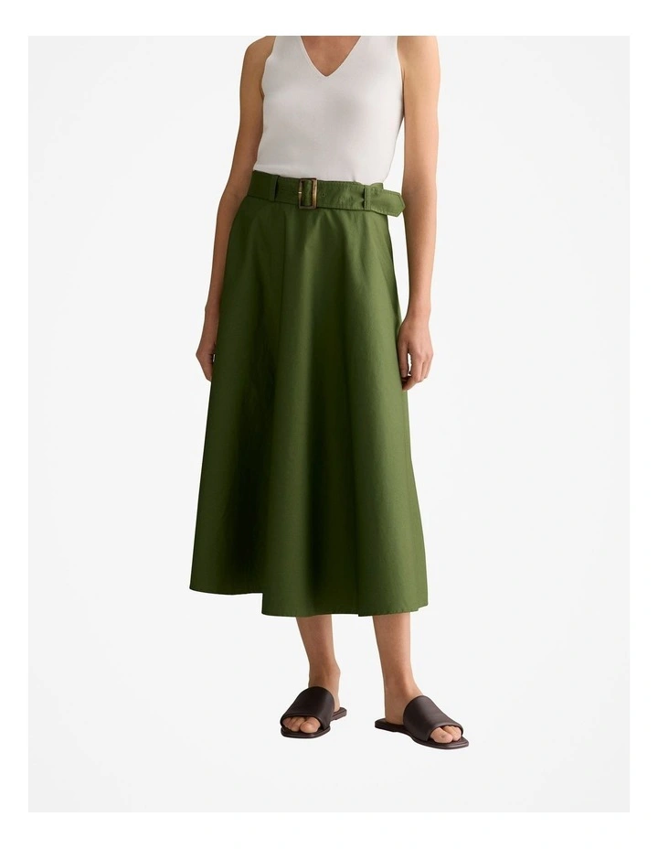 Cotton Sateen Belted Midi Skirt in Ivy image 1