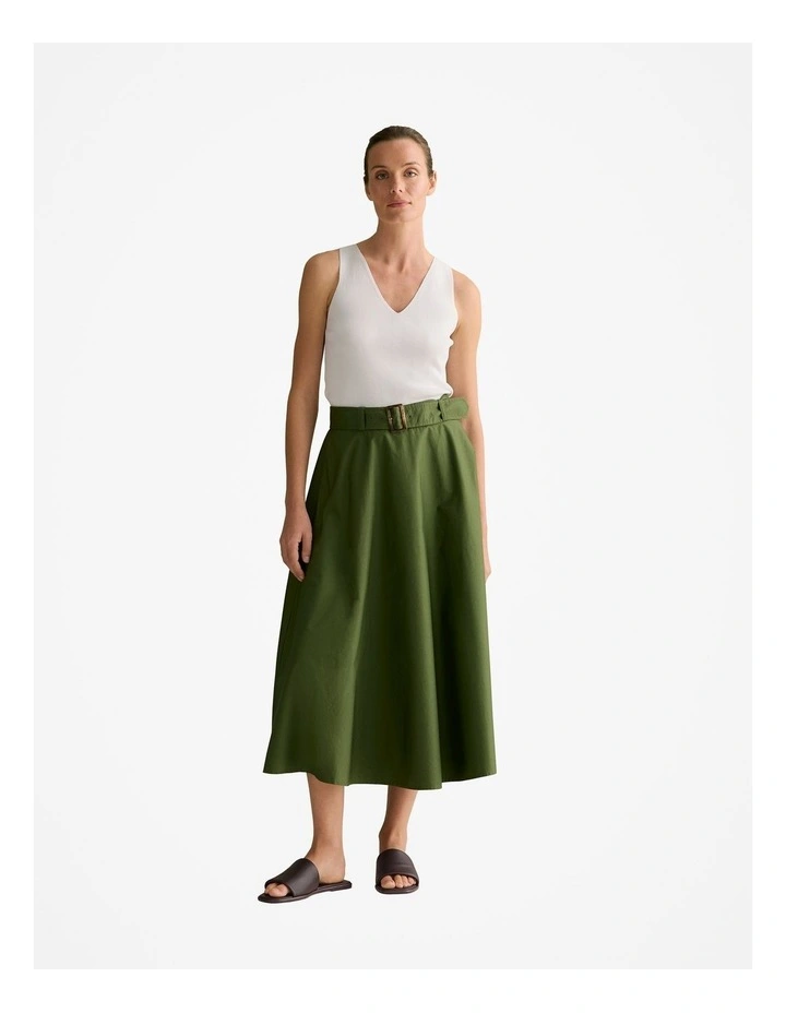 Cotton Sateen Belted Midi Skirt in Ivy image 2