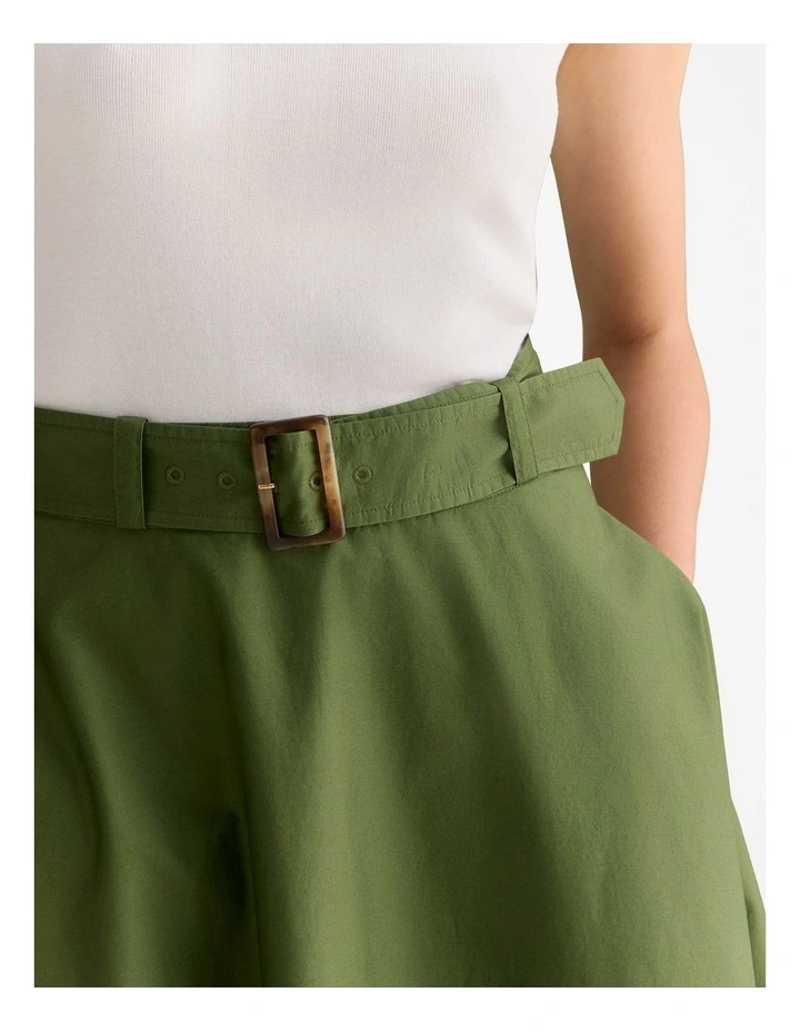 Cotton Sateen Belted Midi Skirt in Ivy image 3