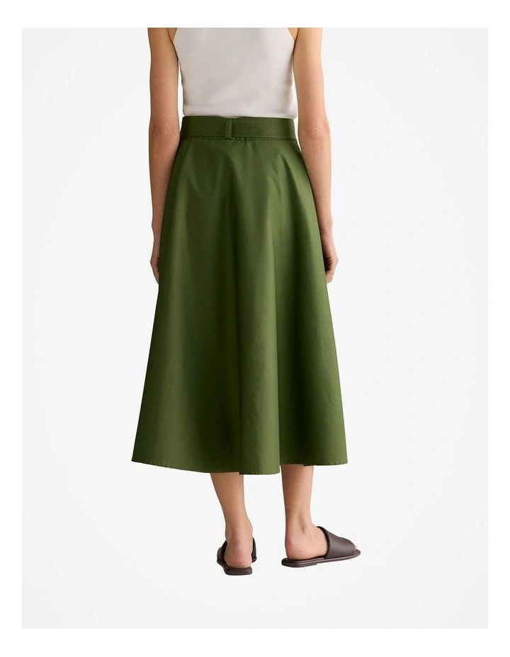 Cotton Sateen Belted Midi Skirt in Ivy image 4