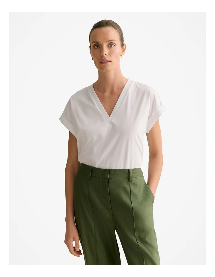 Cotton Interlock V Neck T-shirt in White image 1