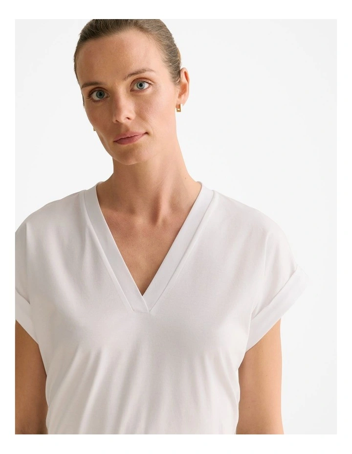 Cotton Interlock V Neck T-shirt in White image 3