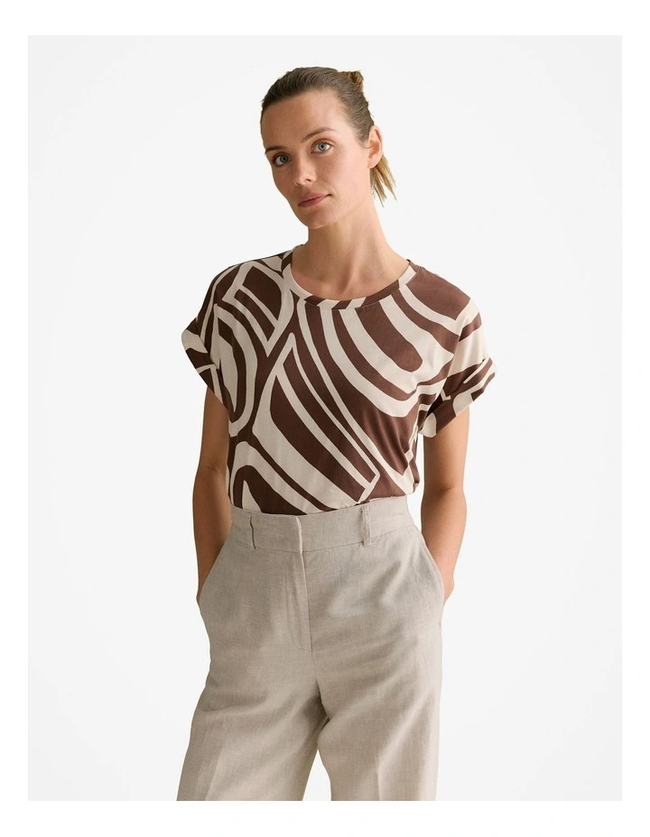 Australian Cotton Geo Cuff Sleeve T-shirt in Chocolate image 1
