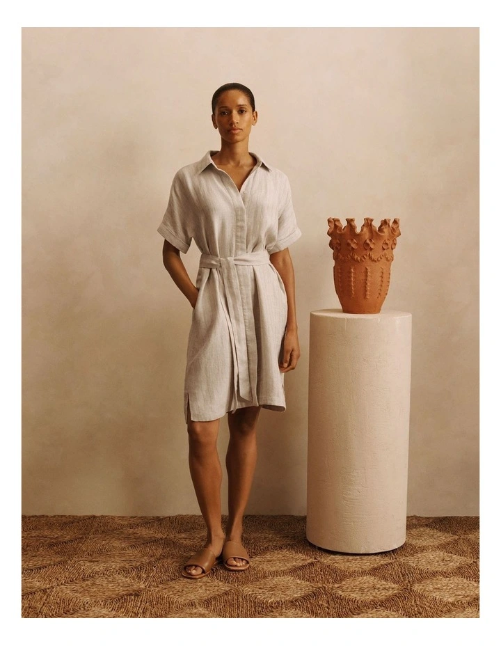Linen Short Sleeve Shirt Dress in Flax image 2