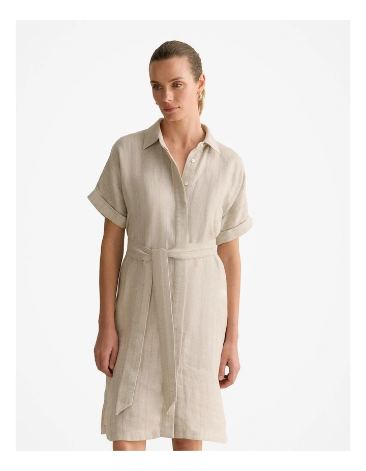 Linen Short Sleeve Shirt Dress in Flax image 3