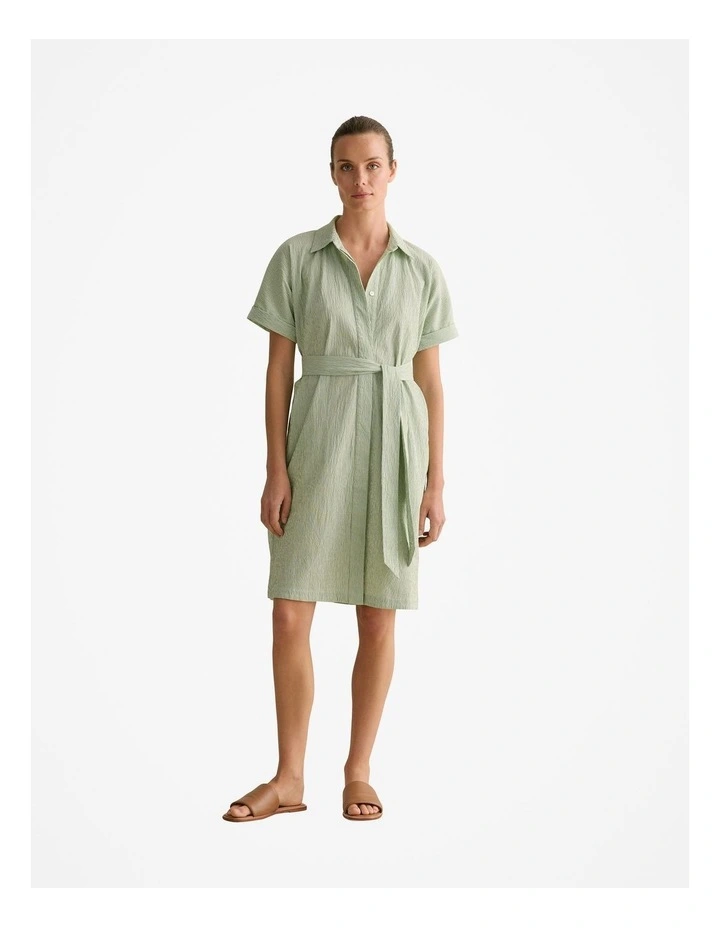 Yarn Dyed Seersucker Short Sleeve Shirt Dress in Cool Fern image 1