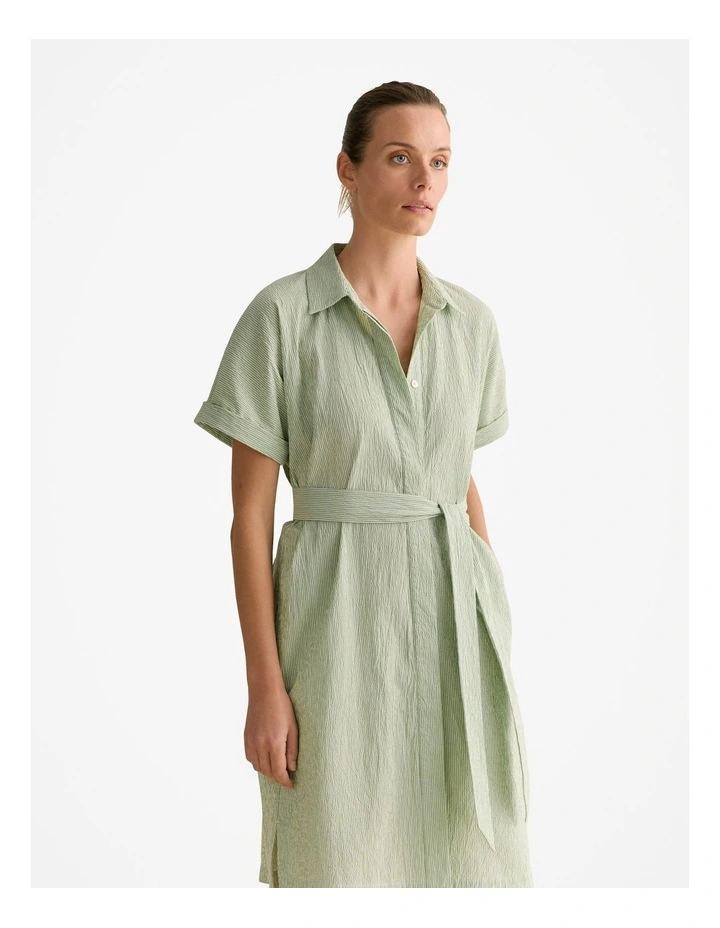 Yarn Dyed Seersucker Short Sleeve Shirt Dress in Cool Fern image 2