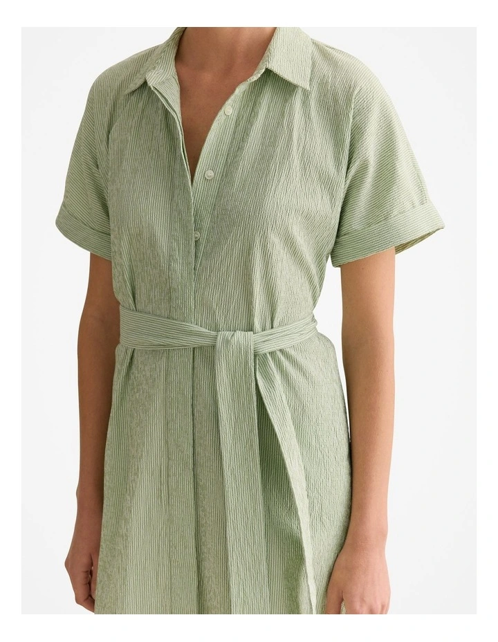 Yarn Dyed Seersucker Short Sleeve Shirt Dress in Cool Fern image 3