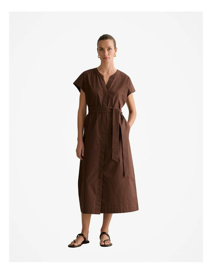 Cotton Poplin Cap Sleeve Belted Dress in Chocolate image 1