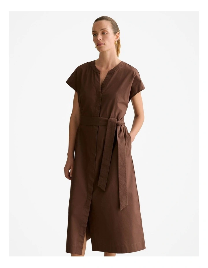 Cotton Poplin Cap Sleeve Belted Dress in Chocolate image 2